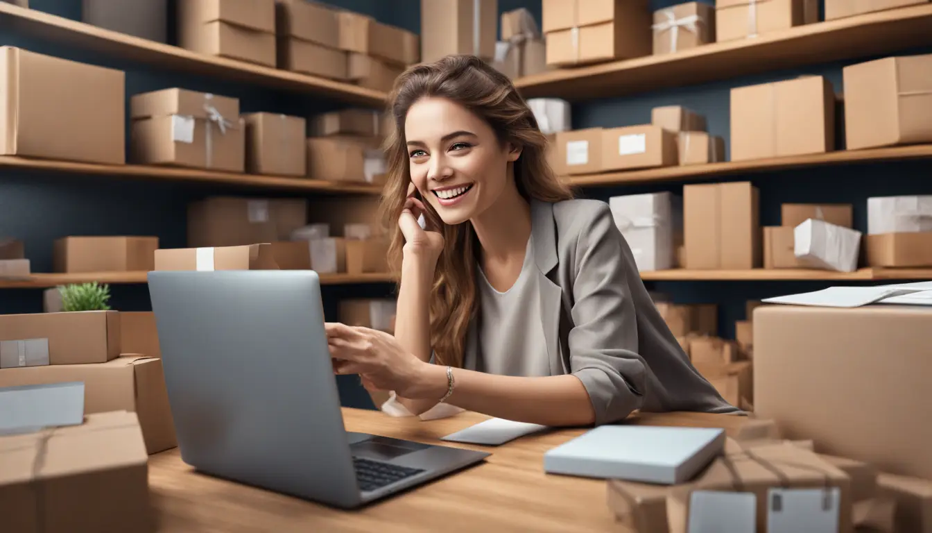 Mulher alegre sentada em uma mesa com laptop, pacotes grandes e pequenos ao redor, smartphone na mesa e prateleiras com produtos ao fundo.