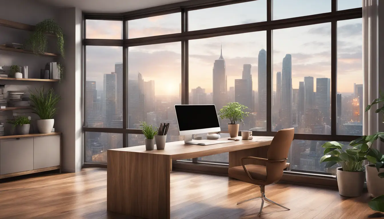 Laptop em mesa de madeira com xícara de café e planta, janela ao fundo com vista para a cidade.