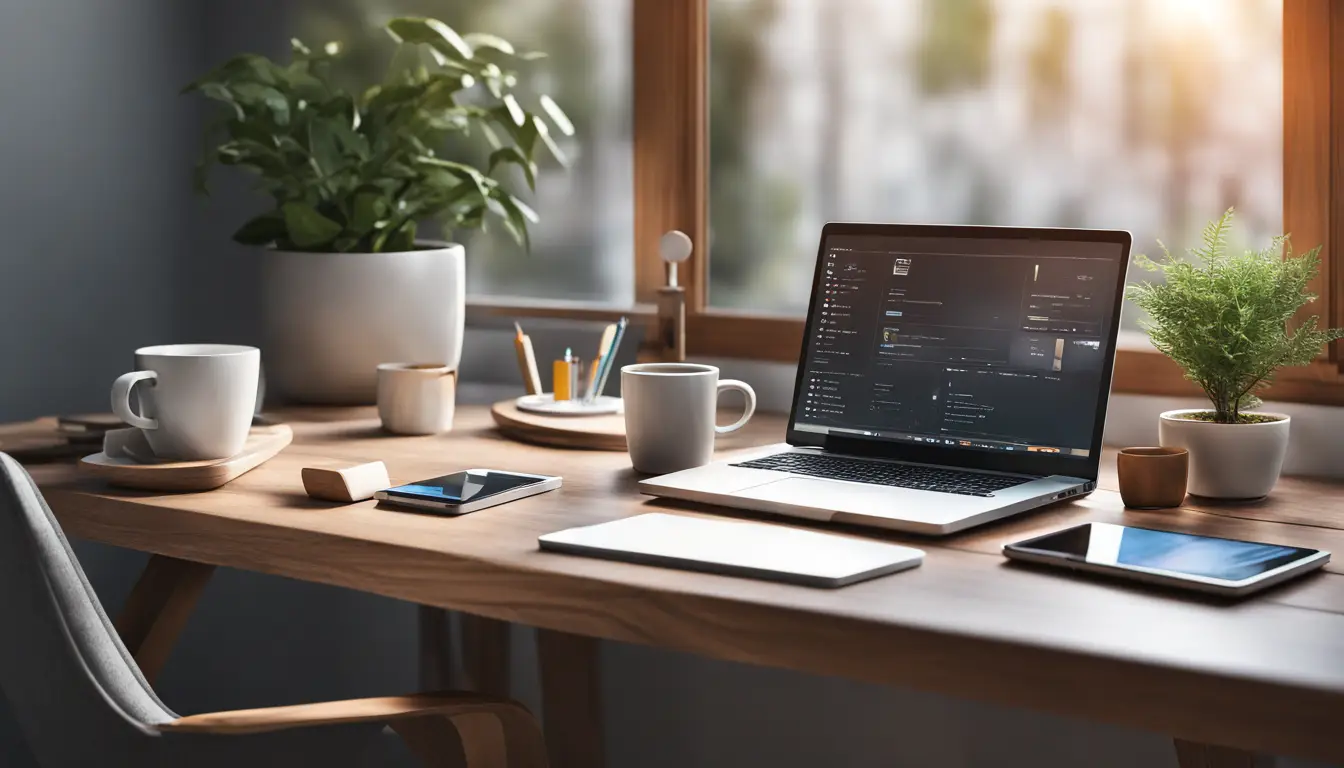 Configuração de mesa moderna com laptop exibindo painel de e-commerce, smartphone, café e planta em vaso pequeno.