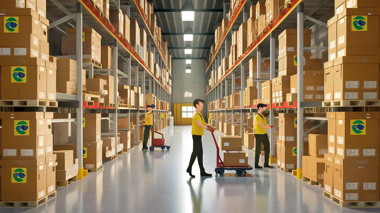 Interior de armazém bem organizado com caixas etiquetadas com adesivos da bandeira do Brasil e trabalhadores utilizando carrinhos de mão.