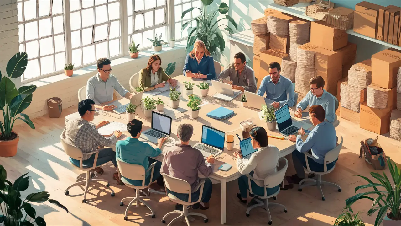 Pessoas diversas colaboram em mesa com laptops, cercadas por plantas e embalagens sustentáveis em escritório iluminado.