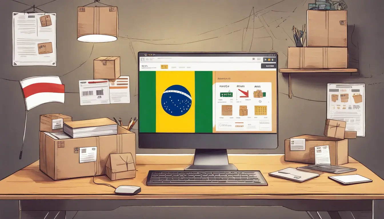 Notebook com dashboard de e-commerce, bandeira do Brasil e caixas de envio em mesa de madeira.