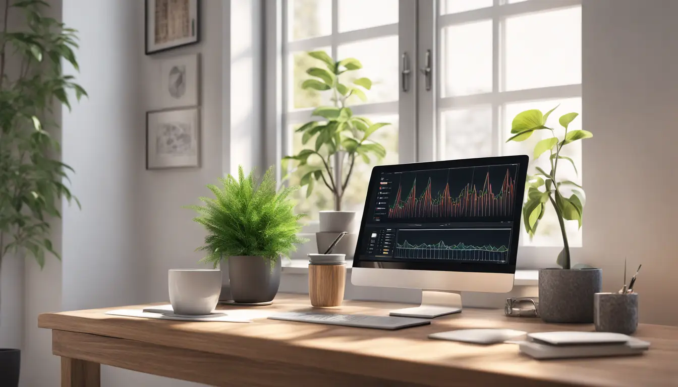 Escritório moderno com laptop exibindo gráficos, smartphone, caneca de café e planta em mesa de madeira com janela ao fundo.