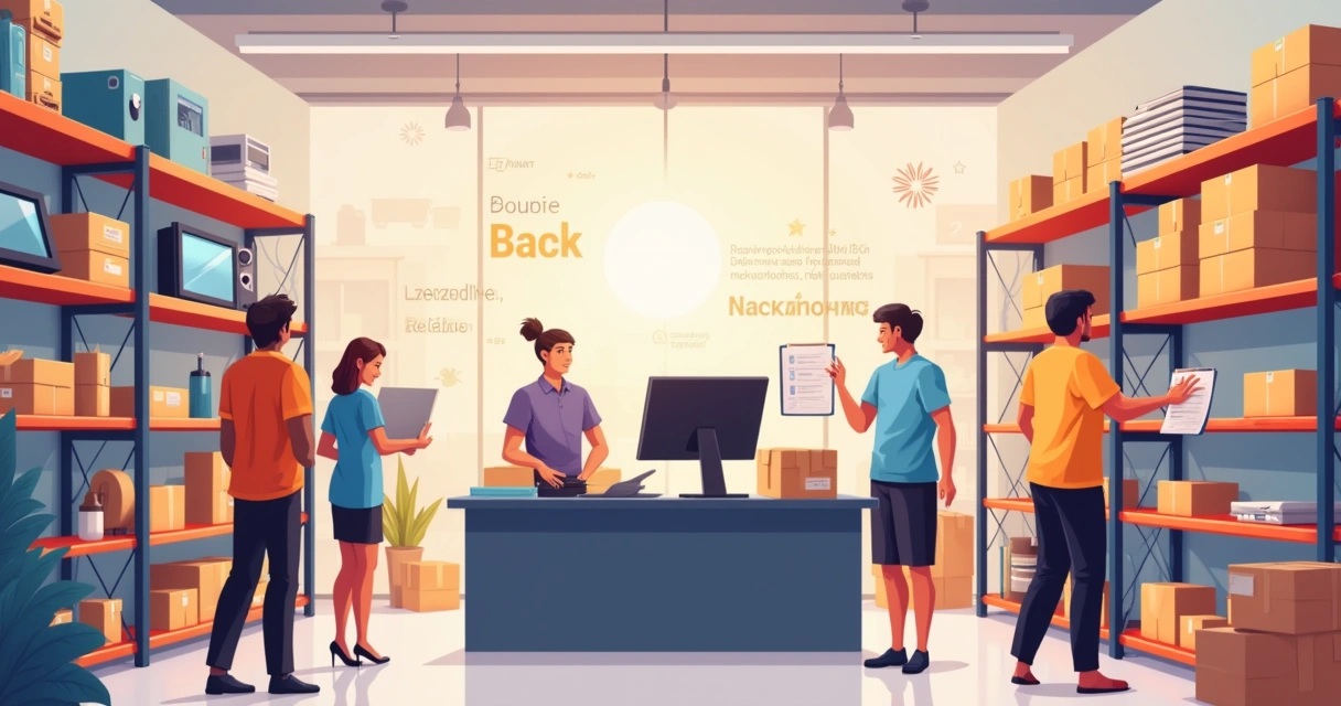 Ambiente de armazém com pessoas organizando produtos e um computador mostrando uma plataforma de dropshipping.