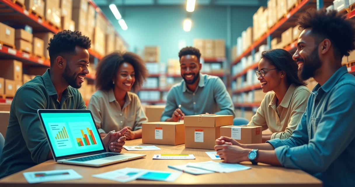 Grupo diversificado de empreendedores em torno de uma mesa com produtos para dropshipping.