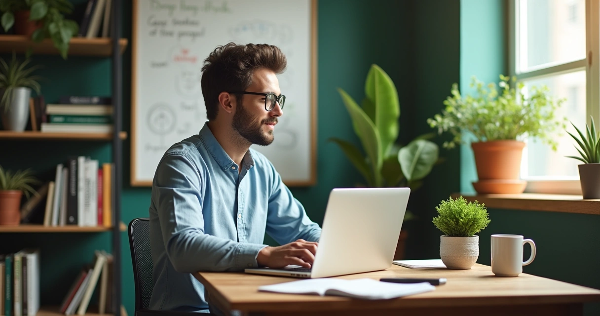 Jovem empreendedor em escritório moderno pesquisa nichos para dropshipping com laptop e anotações.