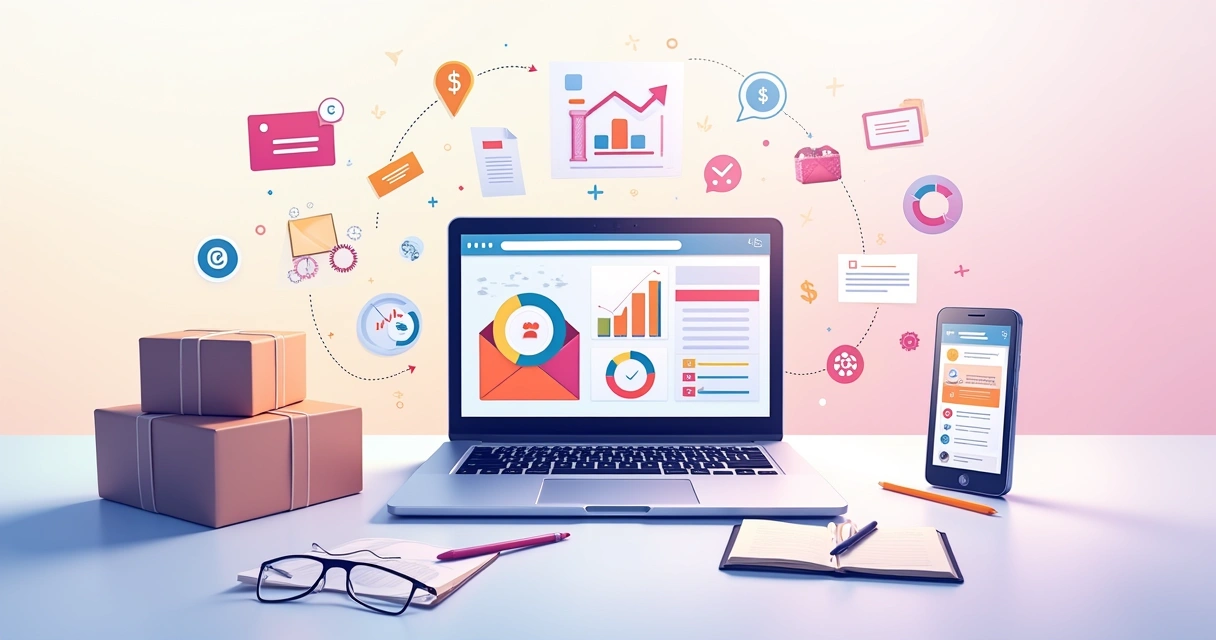 Espaço de trabalho digital para dropshipping com laptop, gráficos, anotações e elementos de e-commerce.