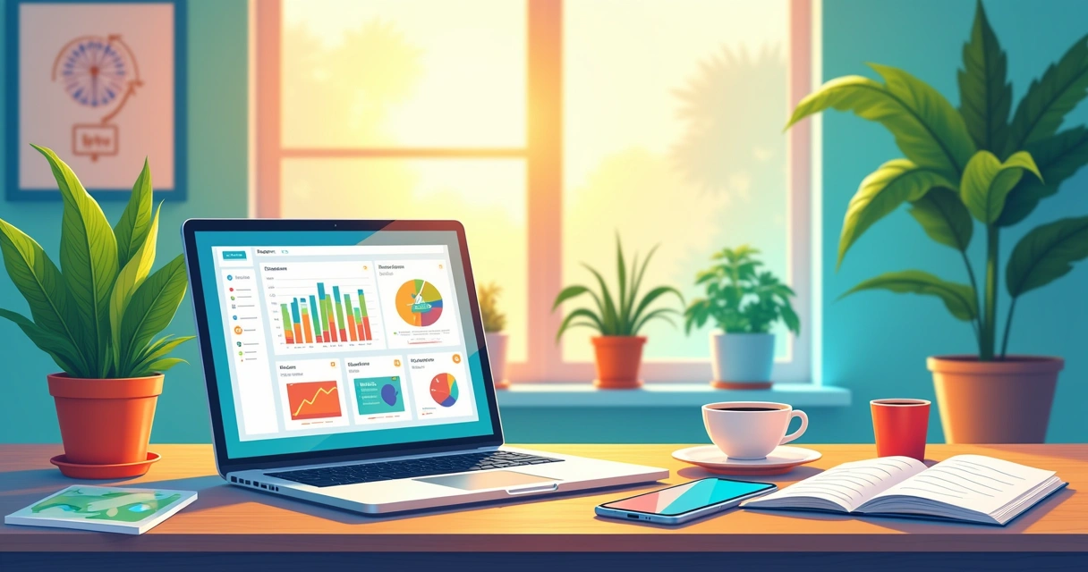 Um espaço de trabalho de e-commerce com um laptop exibindo a plataforma Dropify, gráficos coloridos e um ambiente iluminado.