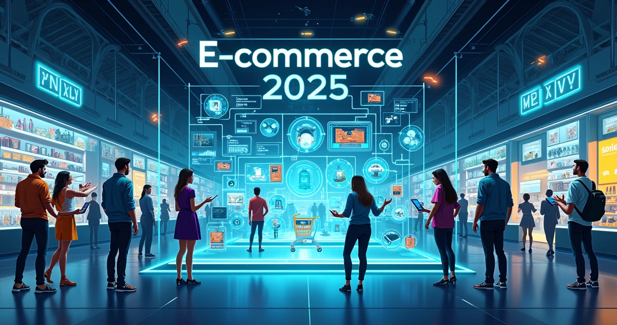 Ilustração do futuro do e-commerce em 2025, com marketplace futurista e tecnologias inovadoras.