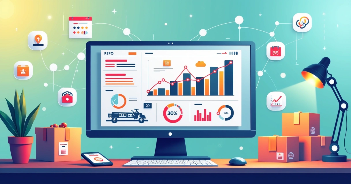 Computador mostrando dashboard de vendas online com gráficos e ícones de automação e logística