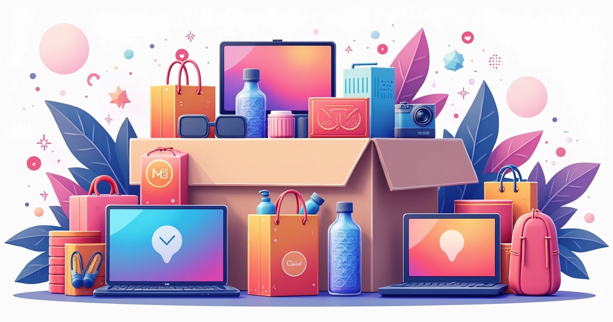 Ilustração vibrante com diversos produtos populares para dropshipping em 2025, mostrando eletrônicos, cosméticos, moda sustentável e gadgets tecnológicos em fundo moderno