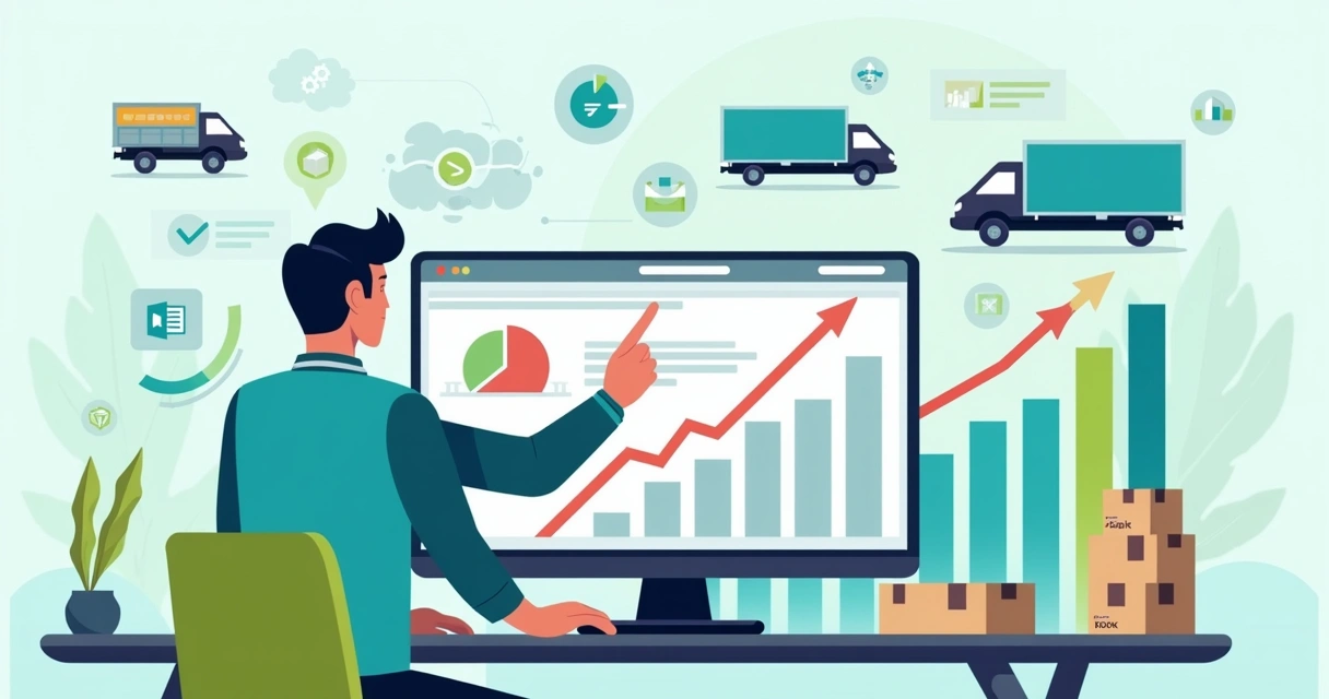 Ilustração flat corporativa de lojista gerenciando dropshipping com gráficos de crescimento e automação digital