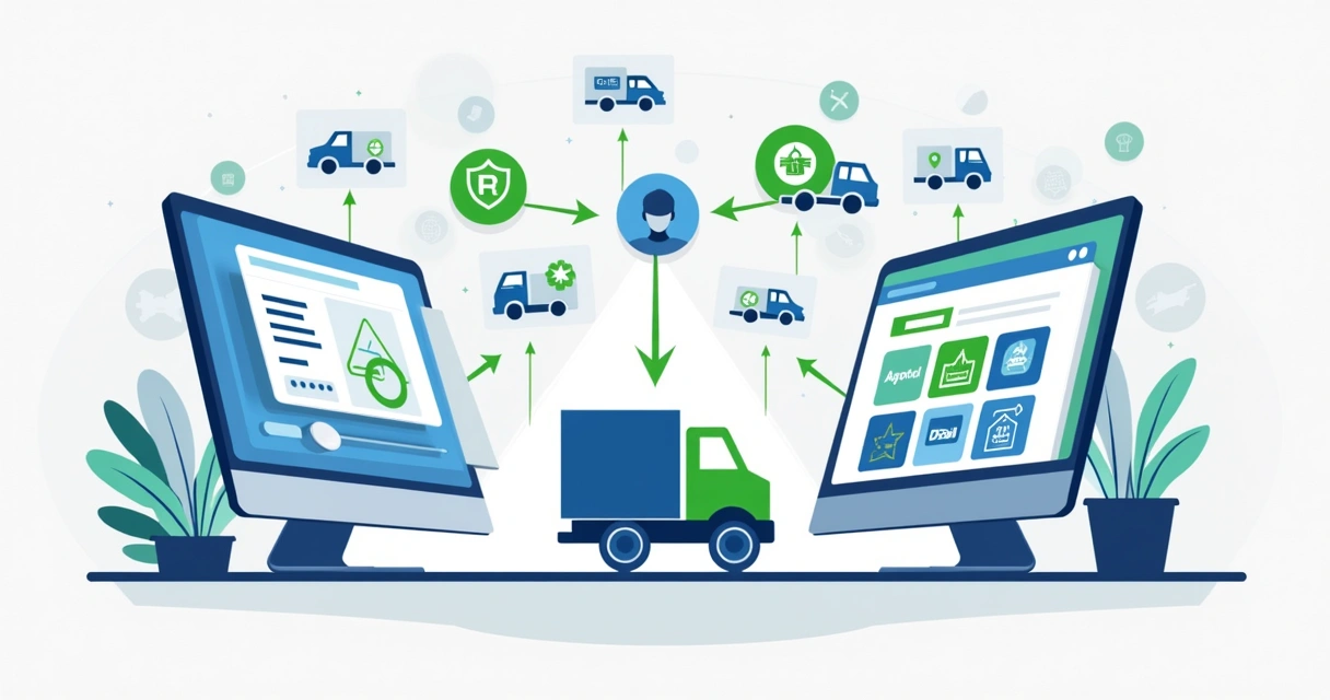 Ilustração corporativa com representação de plataforma de dropshipping e marketplace, mostrando fluxo operacional e integrações