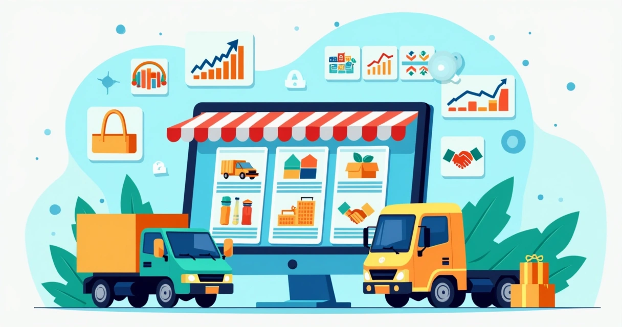 Ilustração corporativa flat com loja virtual exibindo diversas categorias de produtos em prateleiras digitais e gráficos de análise de dados ao fundo