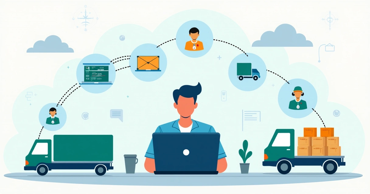 Ilustração corporativa flat de lojista gerenciando dropshipping com computador e fornecedores conectados