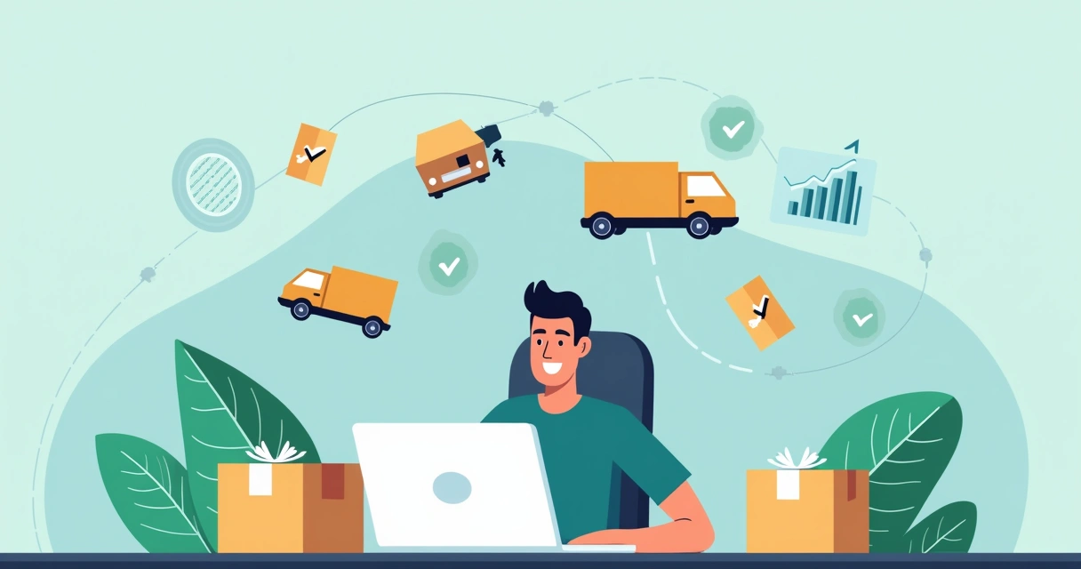 Ilustração corporativa flat de lojista feliz usando dropshipping sem estoque parado, com gráficos de vendas crescentes e estoque digital atualizado automaticamente