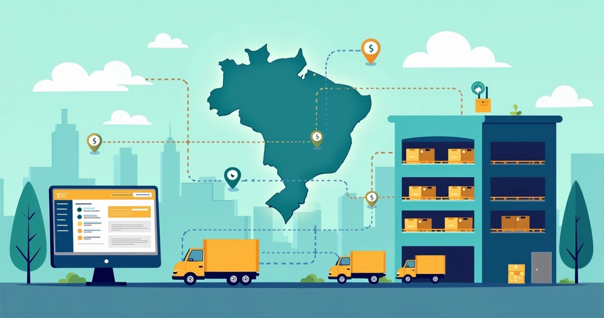 Ilustração corporativa de conexão entre lojista e fornecedor para dropshipping nacional