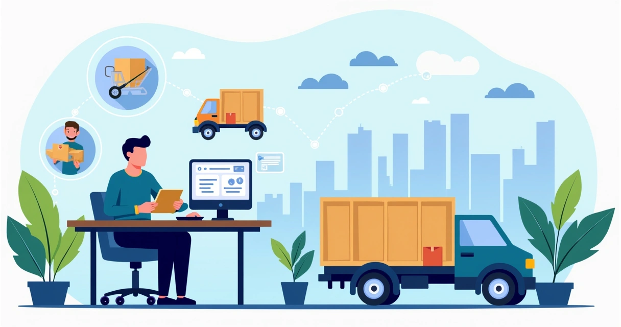 Ilustração corporativa flat mostrando fornecedor nacional de dropshipping gerenciando estoque, pedidos e logística integrada