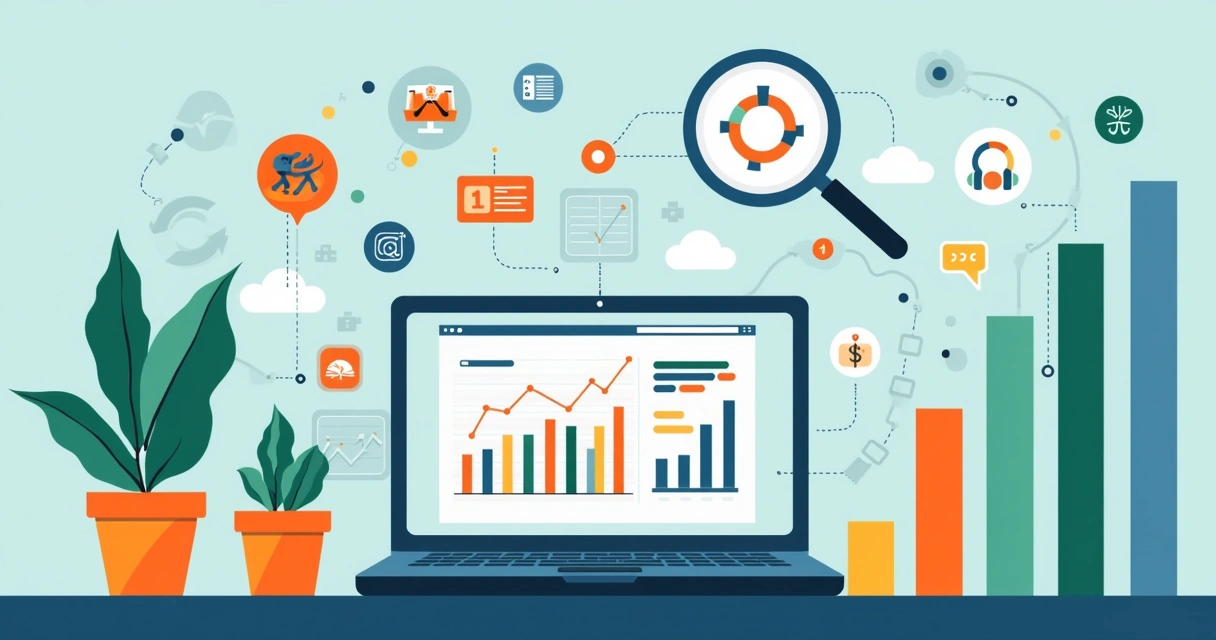 Ilustração flat corporativa de análise de mercado para dropshipping com gráficos, lupa, computador e produtos variados