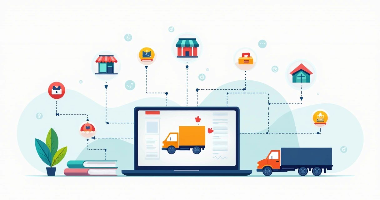 Ilustração de plataforma digital conectando lojistas e fornecedores com ícones de marketplace e logística