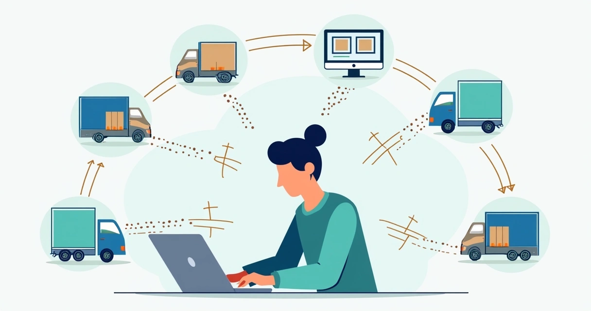 Ilustração flat corporativa mostrando lojista conectado a fornecedores e logística automatizada