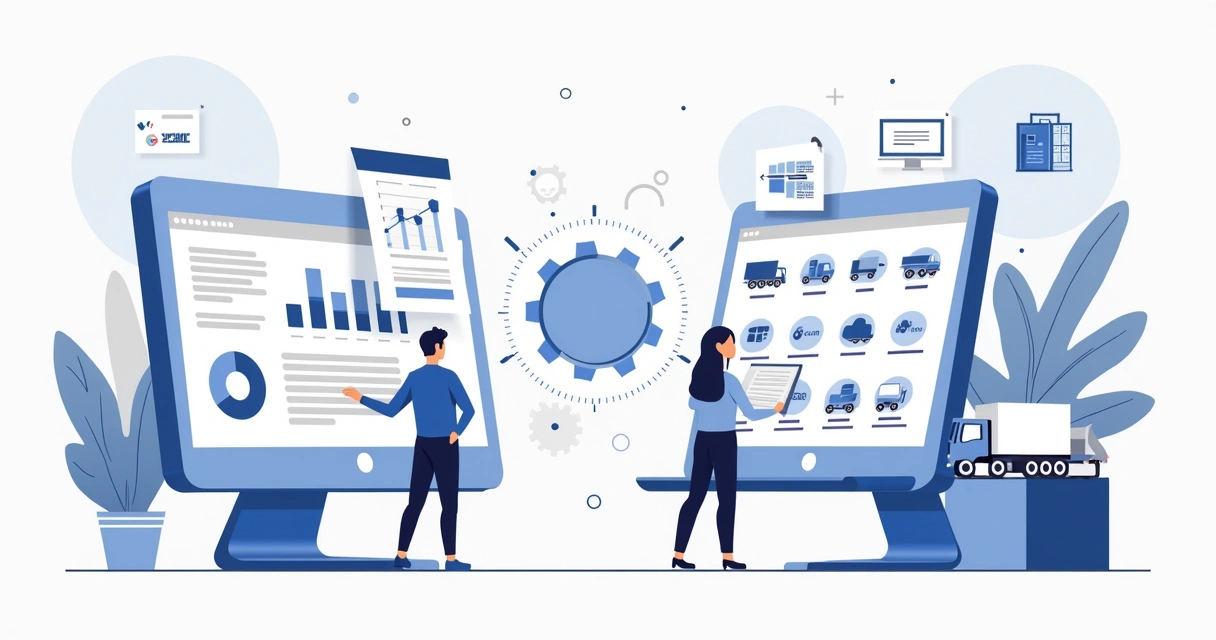 Ilustração corporativa mostrando software de gestão e plataforma de integração conectados com ícones de pedidos, frete e estoque