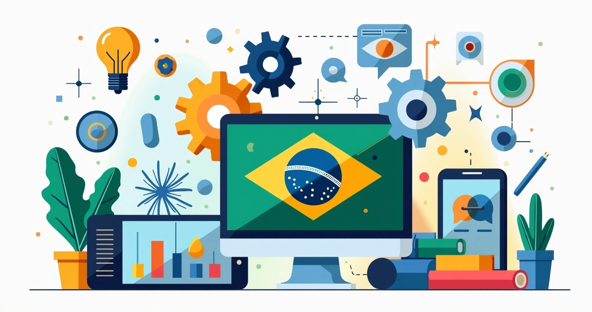 Ilustração corporativa plana mostrando categorias de produtos promissores para 2026 no e-commerce brasileiro, incluindo eletrônicos, saúde, beleza, tecnologia vestível e itens sustentáveis em uma comp
