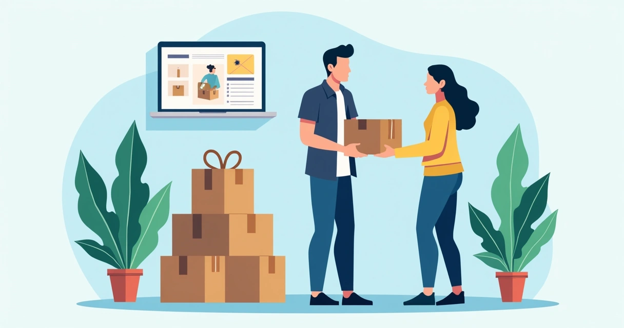 Ilustração corporativa com lojista e cliente trocando produtos em uma loja virtual, ao fundo caixas e ícones de logística e entrega
