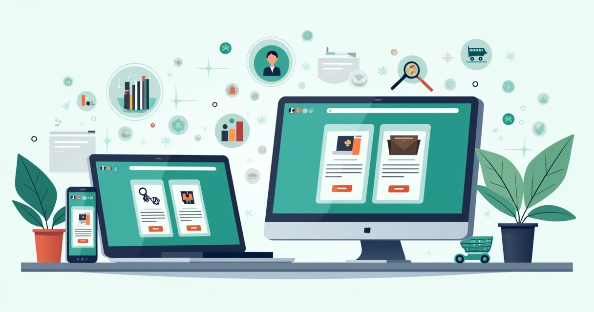 Ilustração flat corporativa de vendas cruzadas com combos de produtos inteligentes exibidos em telas de computador e smartphone