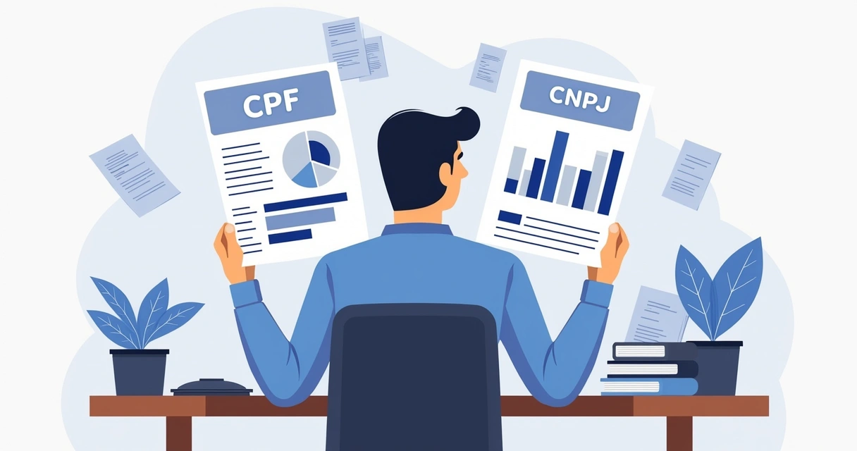 Ilustração corporativa de um empresário analisando gráficos de faturamento de CPF e CNPJ simultaneamente