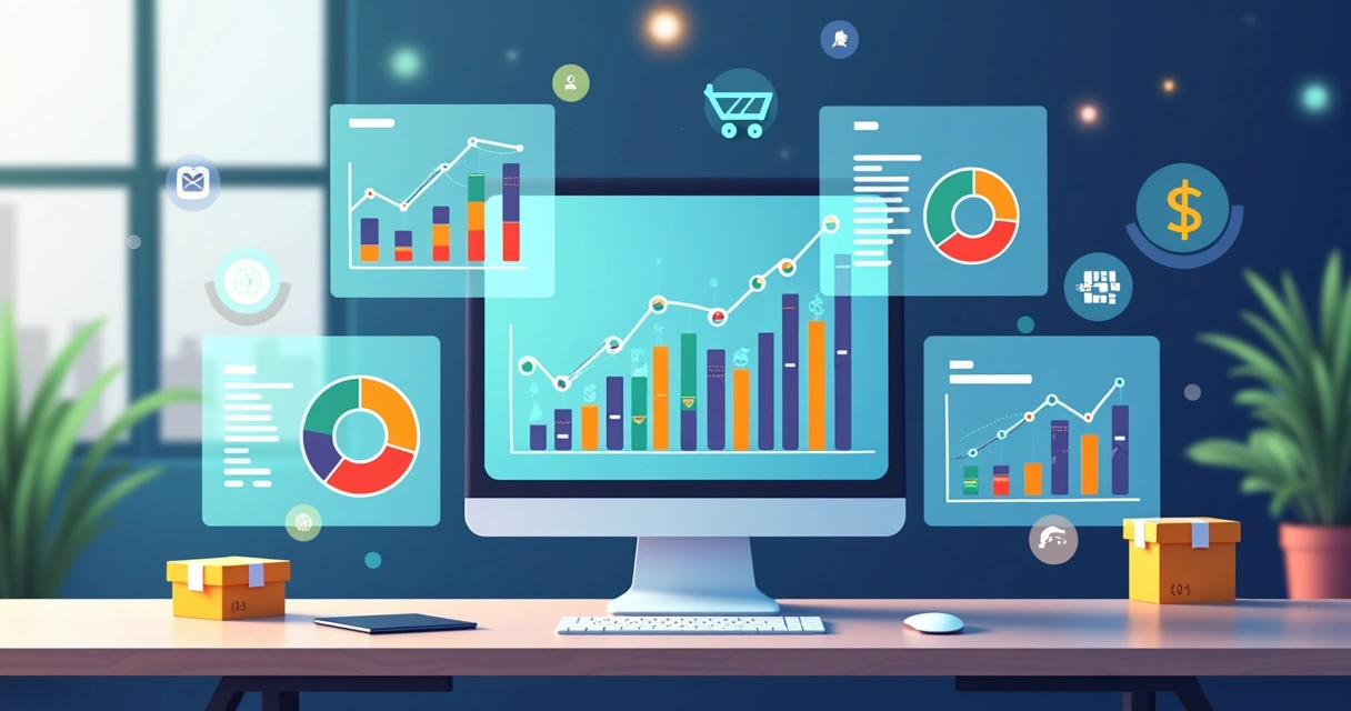 Painel digital com gráficos e indicadores de desempenho de e-commerce em estilo flat