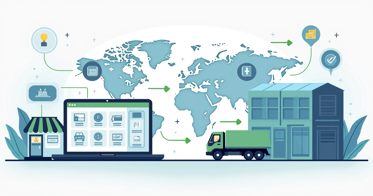 Ilustração corporativa plana mostrando conexão entre lojistas e fornecedores nacionais de dropshipping com automação e integração digital