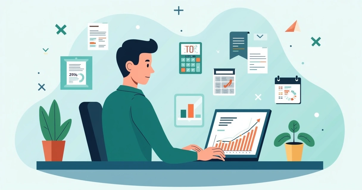 Ilustração corporativa flat de empreendedor organizando finanças com gráficos e documentos fiscais ao redor