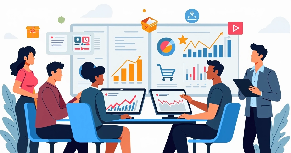 Ilustração corporativa flat mostrando profissionais analisando gráficos e dados digitais para estratégias de crescimento em e-commerce