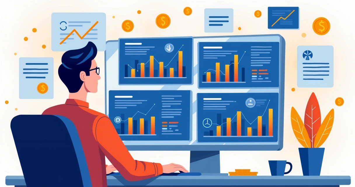 Ilustração corporativa flat de pessoa analisando gráficos e tabelas de preços em múltiplas telas digitais com ícones de moedas e comparações de concorrência ao fundo