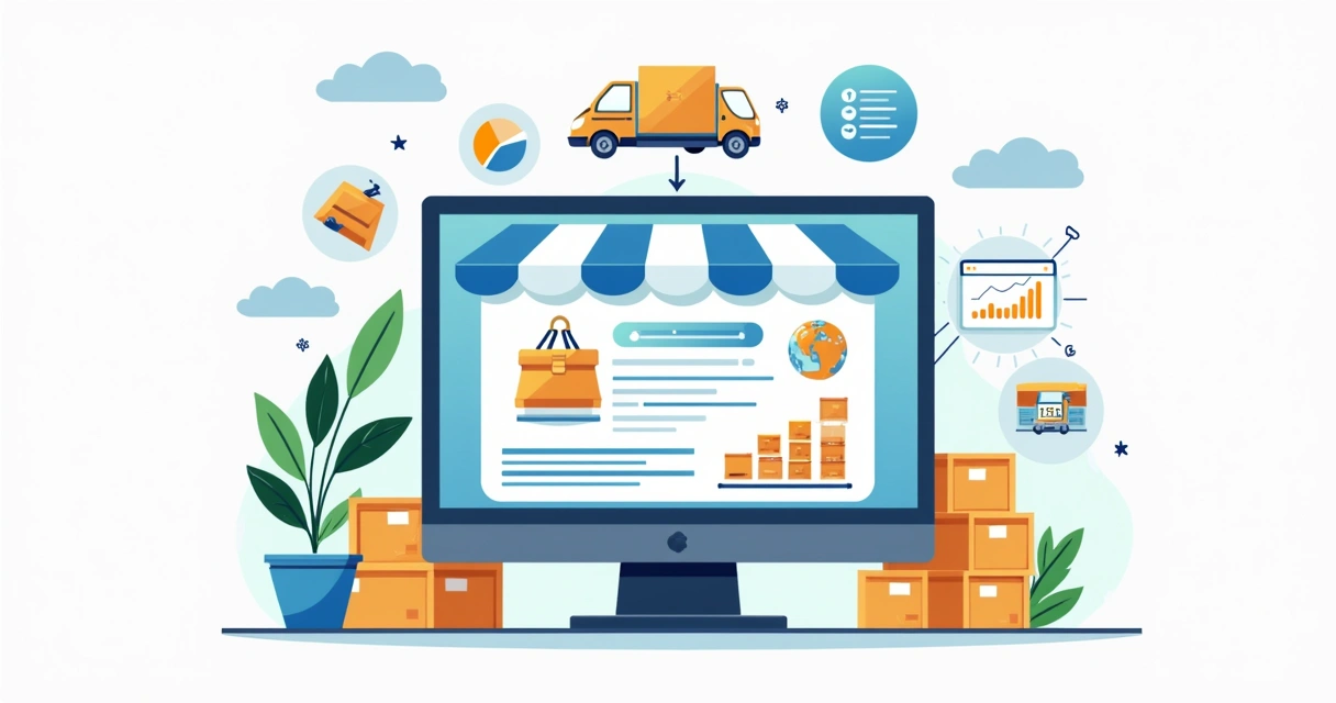 Ilustração corporativa plana de loja virtual com computador mostrando sistema de controle de inventário integrado a fornecedores de dropshipping, com gráficos, caixas e ícones de logística ao redor