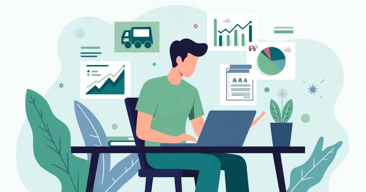 Ilustração corporativa mostrando cálculo de margem de lucro com gráficos, planilhas e moedas