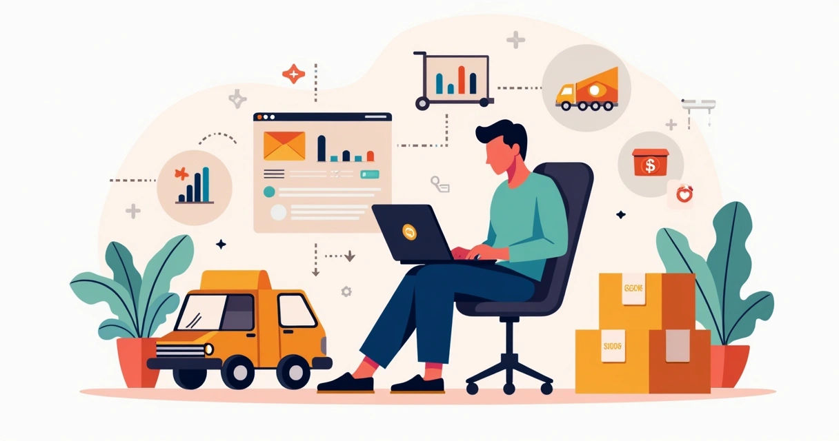 Ilustração corporativa de um empreendedor MEI trabalhando com dropshipping em computador, com gráficos e símbolos de logística ao fundo