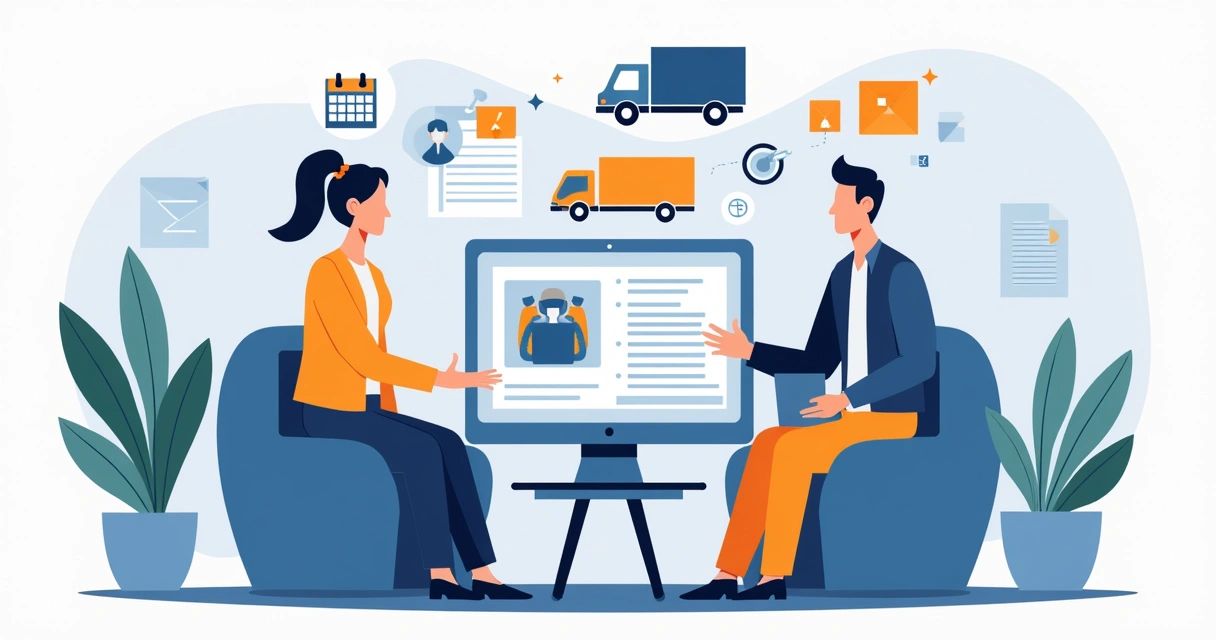 Ilustração corporativa plana mostrando um lojista explicando políticas de frete e prazos de entrega em um computador para cliente online, com ícones de caminhão, calendário e caixas de encomenda ao re