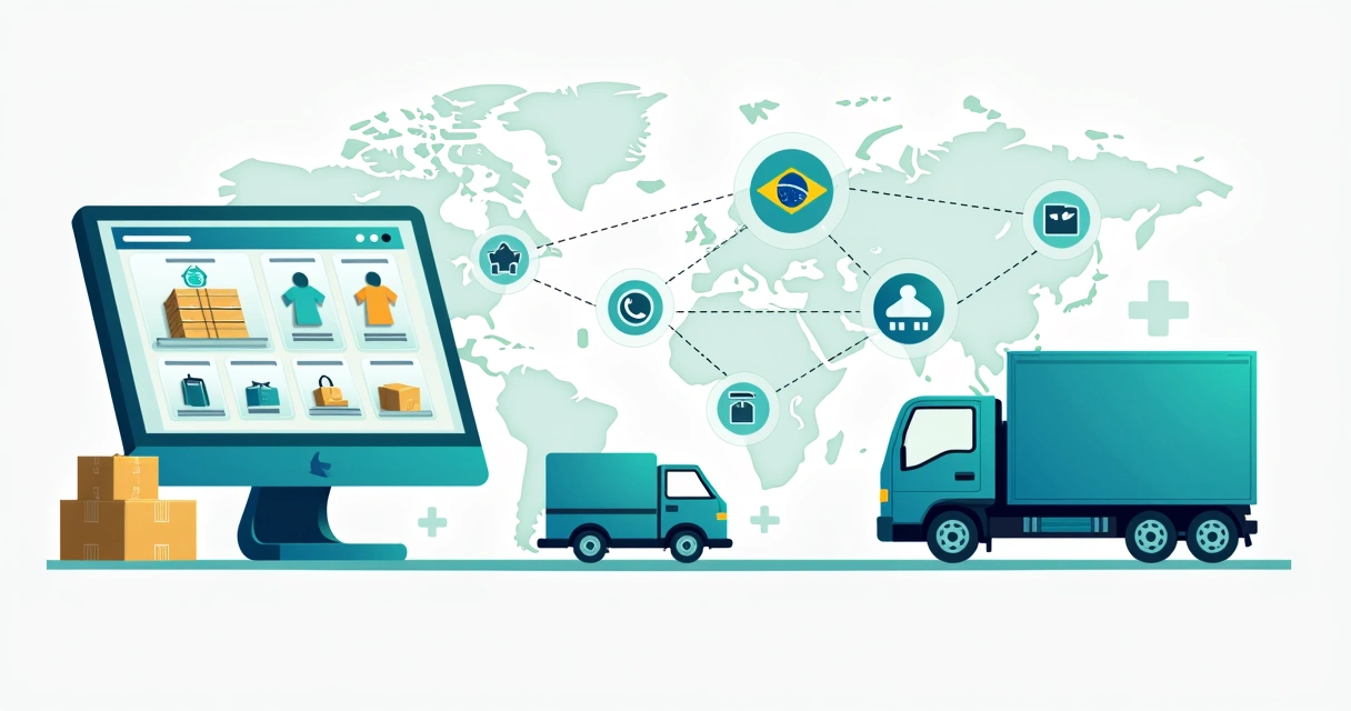 Ilustração plana corporativa mostrando o processo de dropshipping automatizado com loja virtual, fornecedores, pedidos e entregas