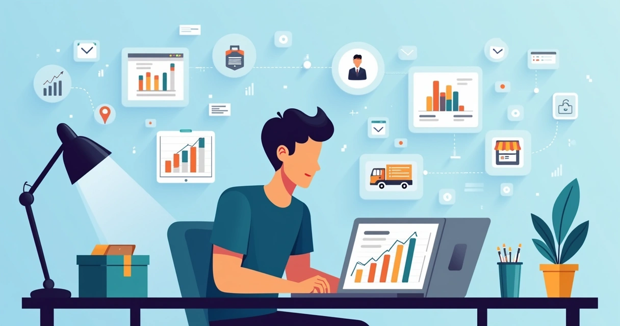Ilustração corporativa de lojista analisando gráficos de vendas e chargebacks em tela de computador