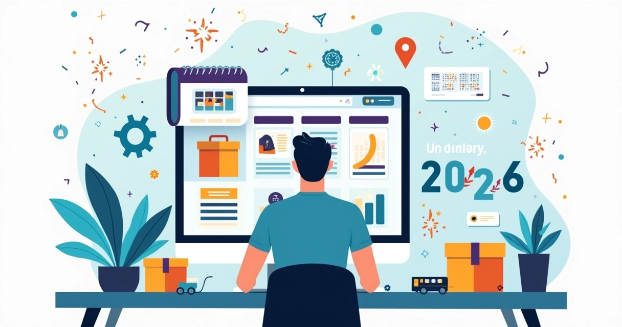 Ilustração de lojista planejando negócio de dropshipping no Ano Novo diante de computador com loja virtual