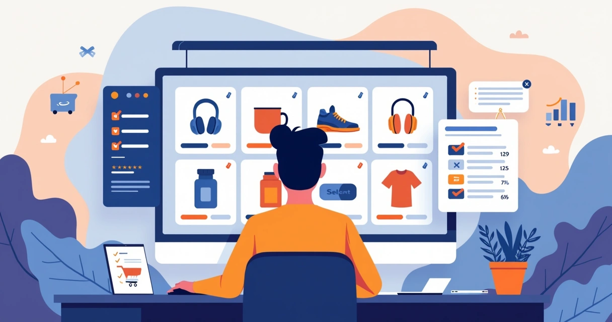 Empreendedor analisando catálogo digital de produtos de dropshipping no computador