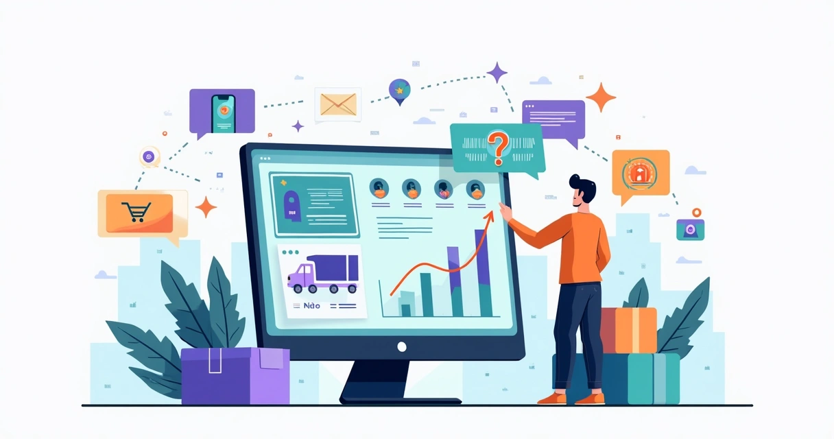 Ilustração de lojista gerenciando comércio eletrônico em painel digital futurista
