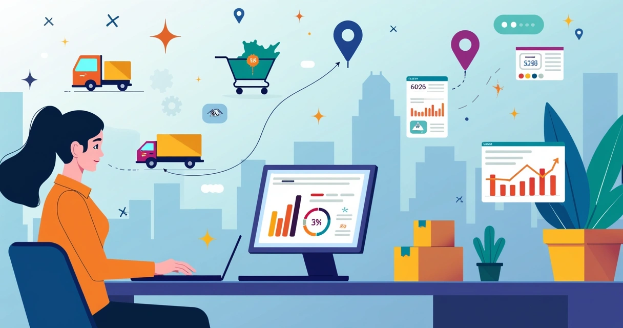 Ilustração de lojista analisando painel de vendas online com ícones de logística e dropshipping ao fundo