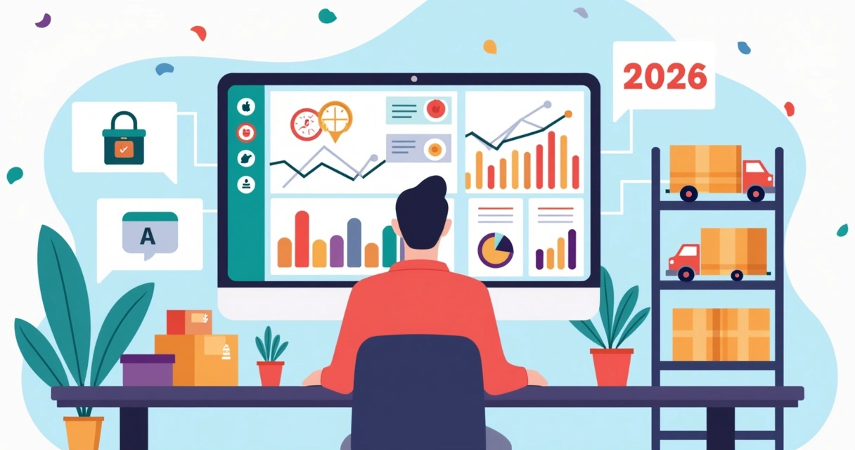 Ilustração de empreendedor analisando gráficos de crescimento em loja virtual de dropshipping