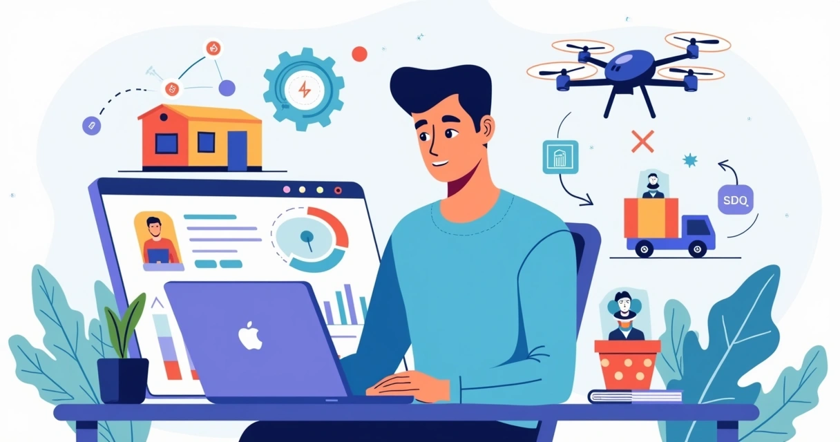 Ilustração de lojista gerenciando operação de dropshipping com tecnologia em 2026