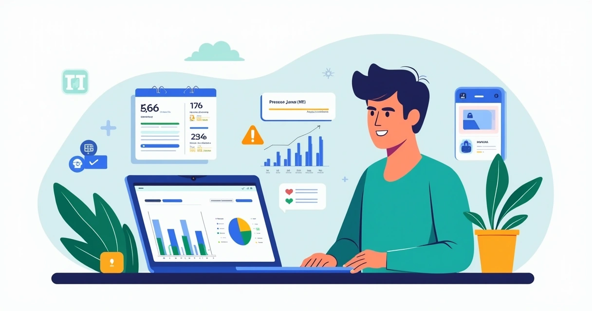 Ilustração de MEI analisando receitas de pessoa física e jurídica no computador