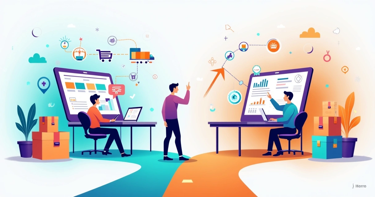 Comparação visual entre plataforma de conexão e consultoria em e-commerce sem estoque