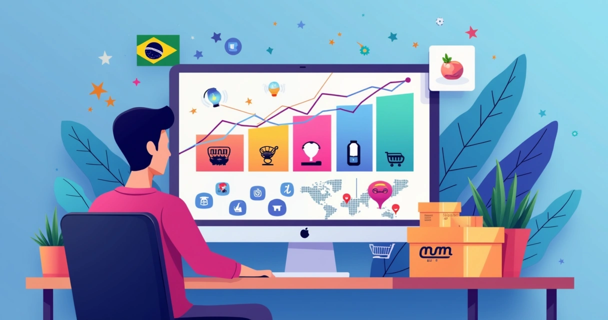 Ilustração de lojista virtual analisando tendências de dropshipping em painel digital